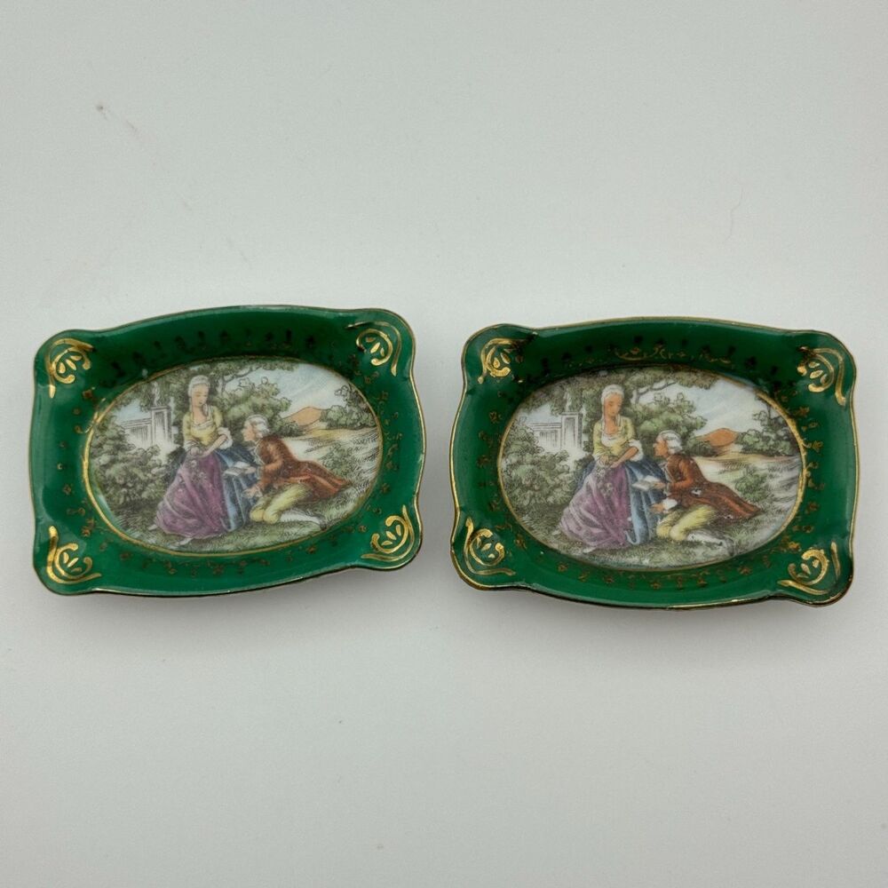 Andrea by Sadek Occupied Japan Trinket Dish Pair Green Gold Courting 1940s 3.5"